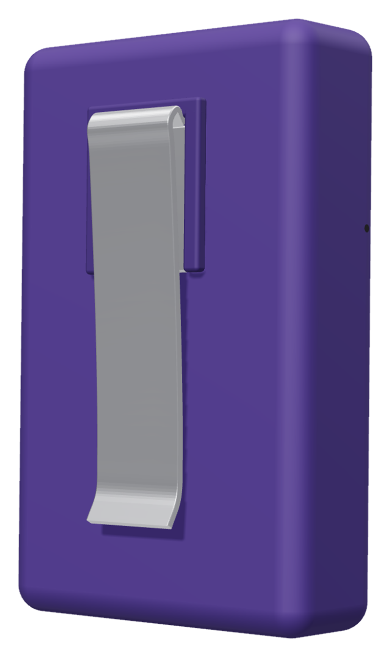 The back of a plum Ari, with its stainless steel spring clip