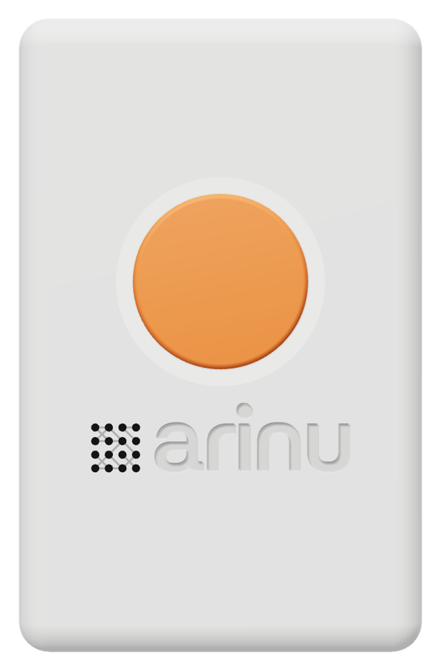 Front view of a paper white Ari: a large tangerine SOS button inside a frosted ring, with the arinu logo below it, its four by four dots forming the speaker holes