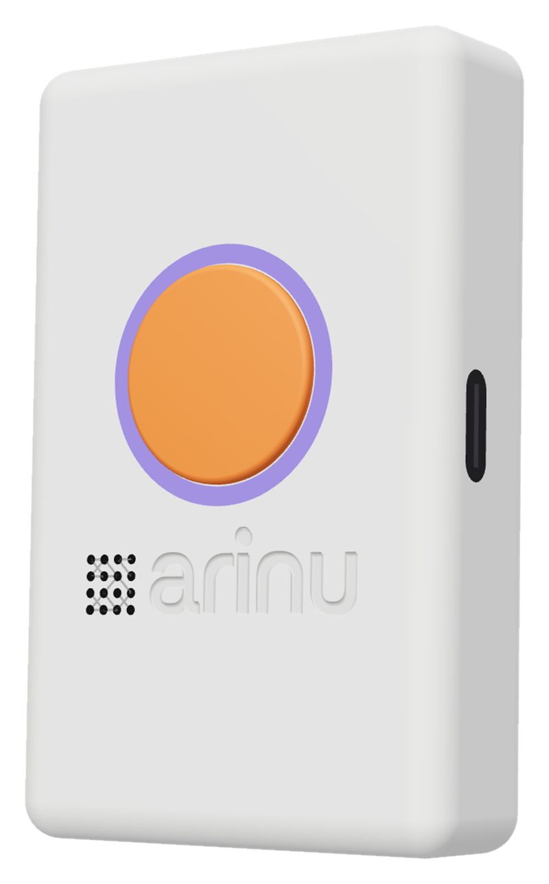 A paper white Ari at an angle, its frosted ring glowing violet around a tangerine SOS button, with the USB-C port on the side