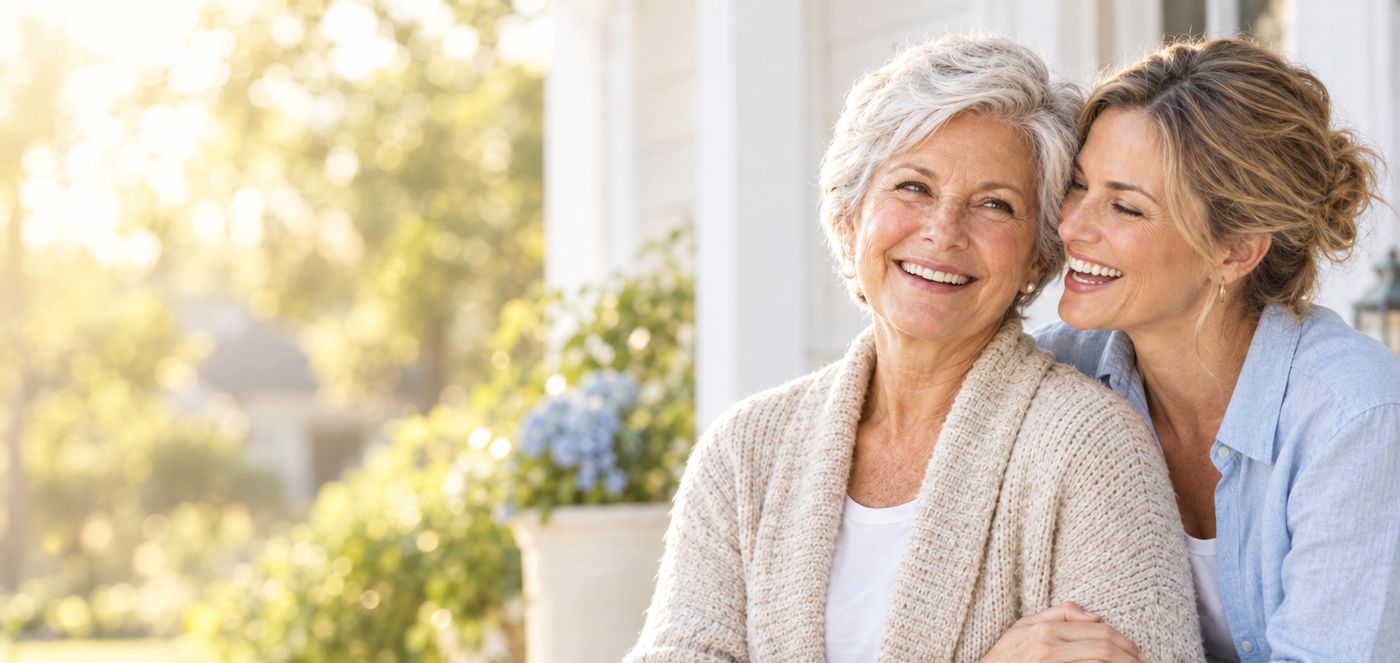 An older woman and her adult daughter smiling together at home