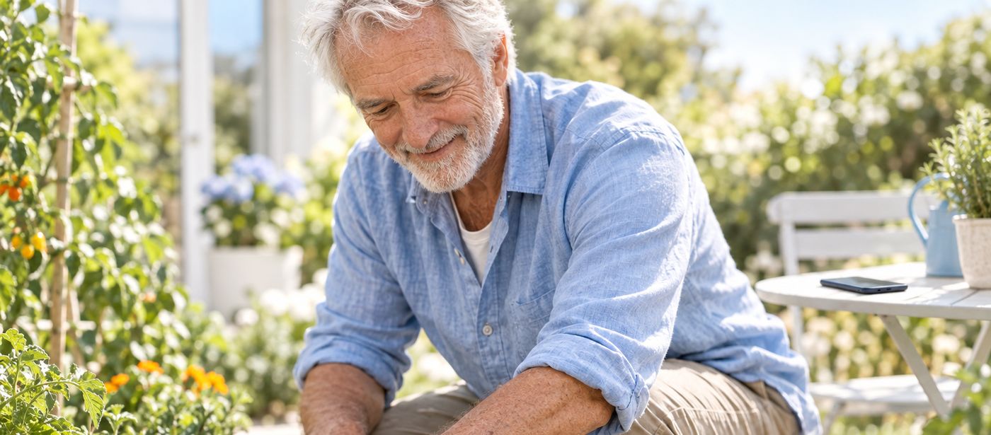 An older man smiling as he works in his garden