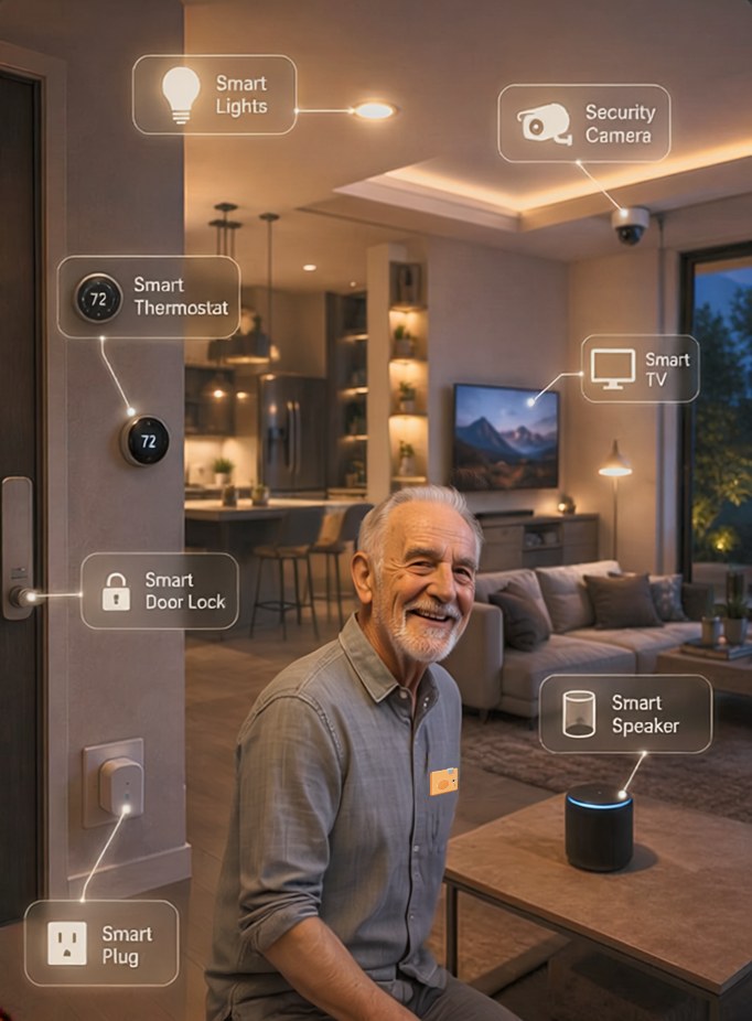 An older man smiling in his living room, wearing a tangerine Ari, with the home's lights, thermostat, door lock, camera, TV, speaker and smart plug labeled around him