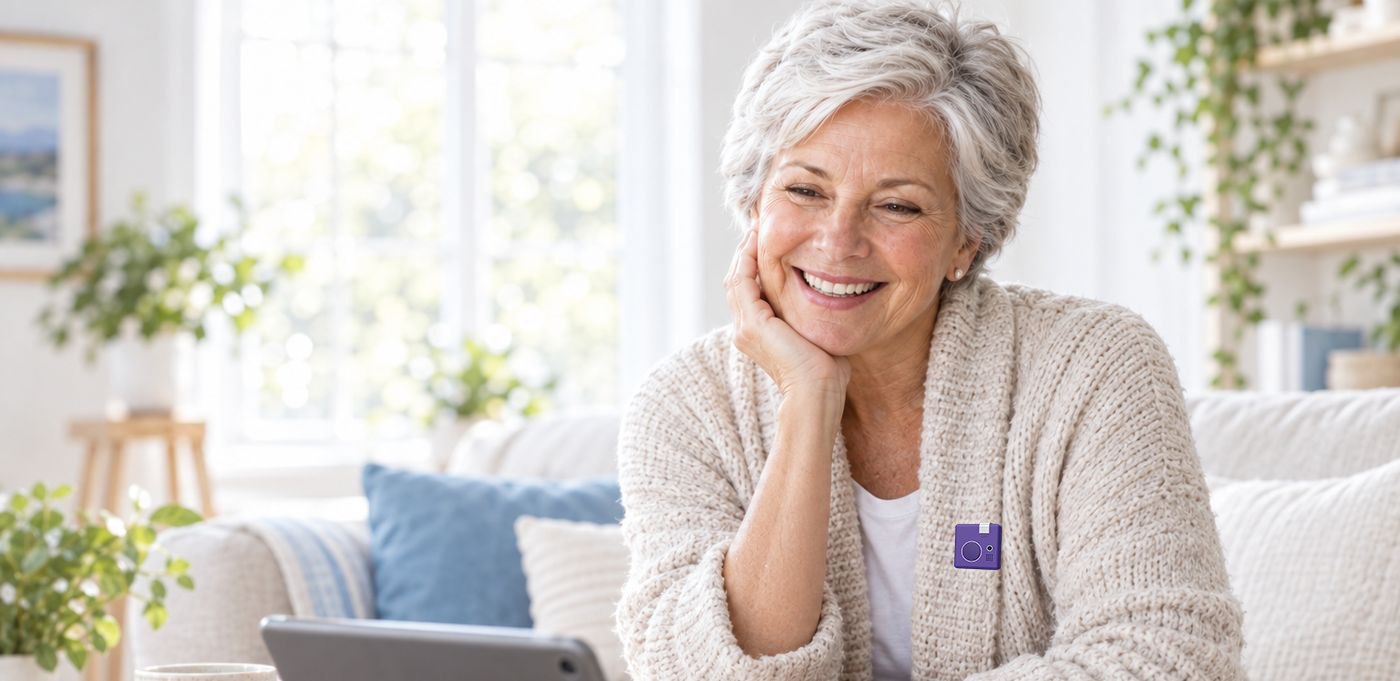 An older woman smiling on her sofa at home, wearing a plum Ari on her cardigan